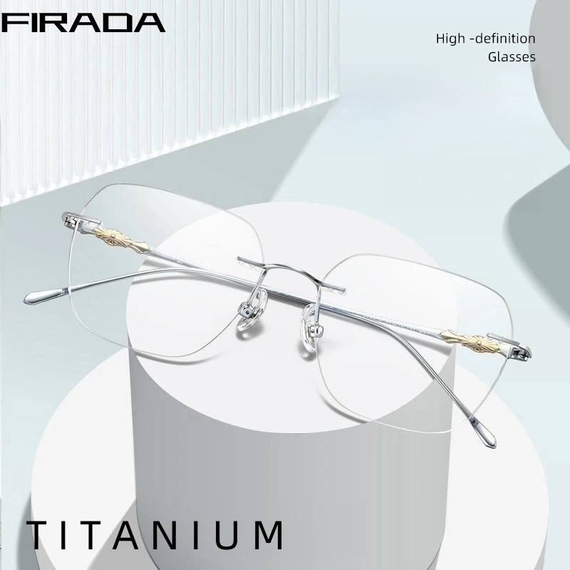 

FIRADA Fashion Comfortable Glasses Retro Pure Titanium Square Rimless Eyeglasses Prescription Eyewear Frame For Men Women 8906-C