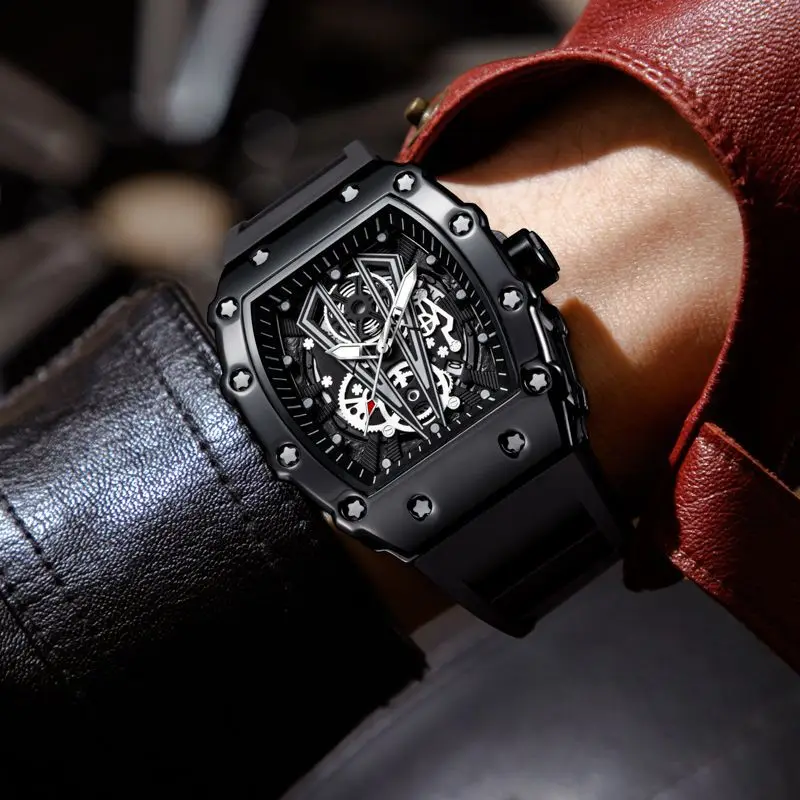 Skeleton Men\'s Watch Fashion Automatic Movement Barrel Luminous Waterproof Clock Sports Male\'s Silicone Strap Quartz Wristwatch