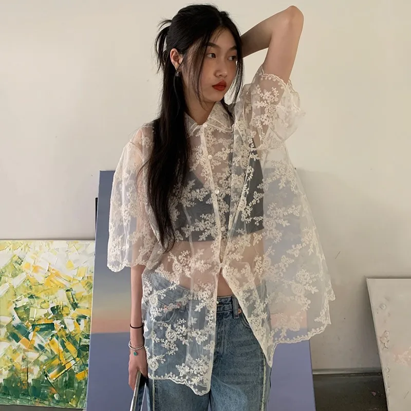 Karrram Summer Korean Fashion Lace Shirts Short Sleeve See Through Mesh Blouses Japanese Style Designer Clothes Fairycore Kawaii