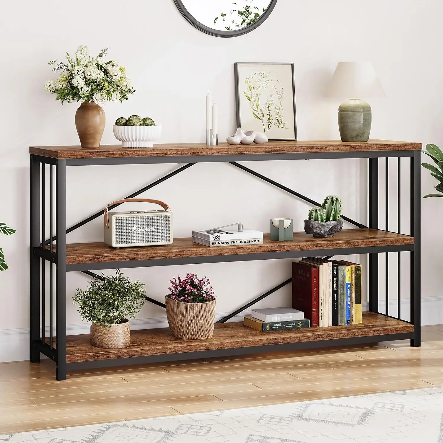 Industrial Console Entryway Table Metal Wood Rustic 55 in, Customized