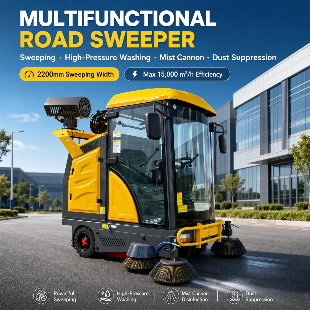 Wolf Warrior-1 Plus 48V Heavy Duty Ride on Floor Sweeper 2200mm Battery Powered Electric Street Sweeper Machine for Factory