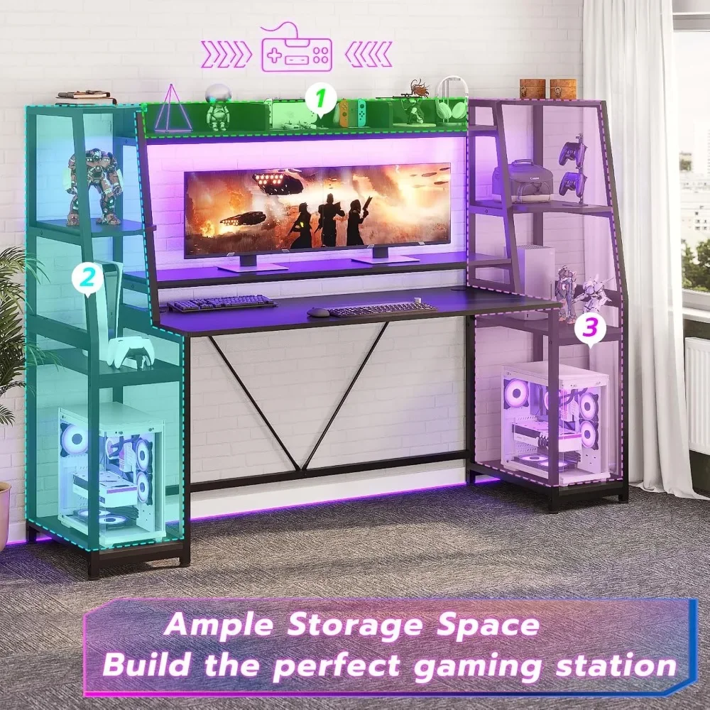 مكتب ألعاب مزود بمصابيح LED، وأرفف تخزين، ومكتب كمبيوتر مع حامل شاشة، ومحطة عمل كبيرة لألعاب الكمبيوتر الشخصي
