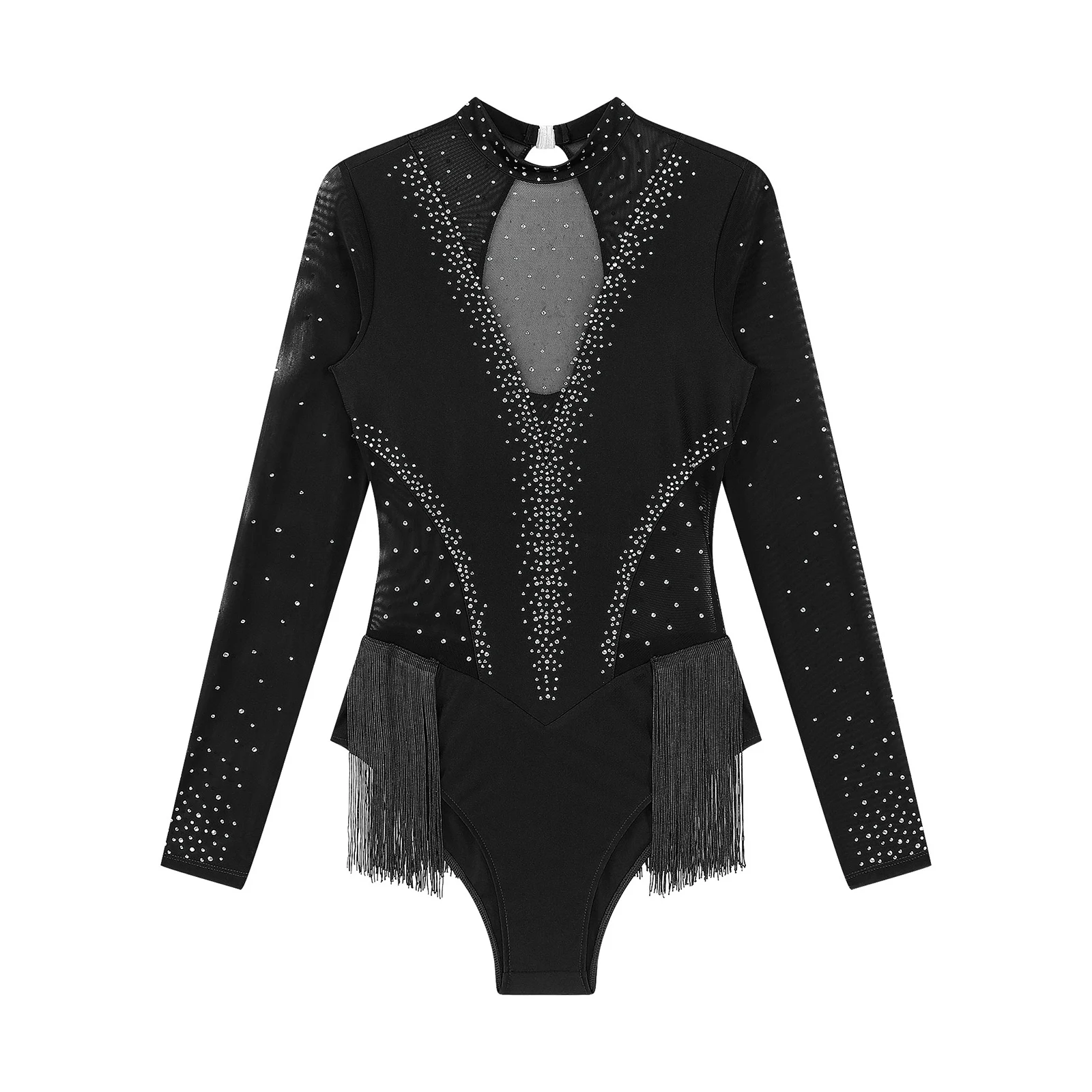 Womens Tassel Bodysuit Ballet Jersey Gymnastics Skating Jumpsuit Rhinestones Sheer Mesh Fringed Latin Dance Leotard Bodysuit