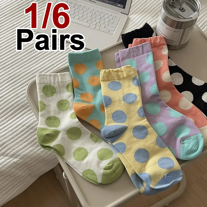 

1/6 пар женских красочных хлопковых носков в горошек, милые стильные дышащие повседневные носки на весну и лето, впитывающие пот