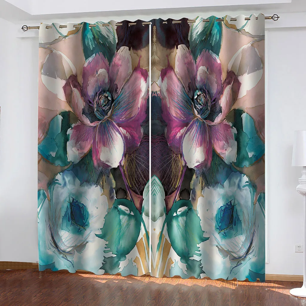 3D Gorgeous Watercolour Flowers Printed Window Curtains For Boys Men Adults Living Room Bedroom Kitchen Blackout Curtain Drape