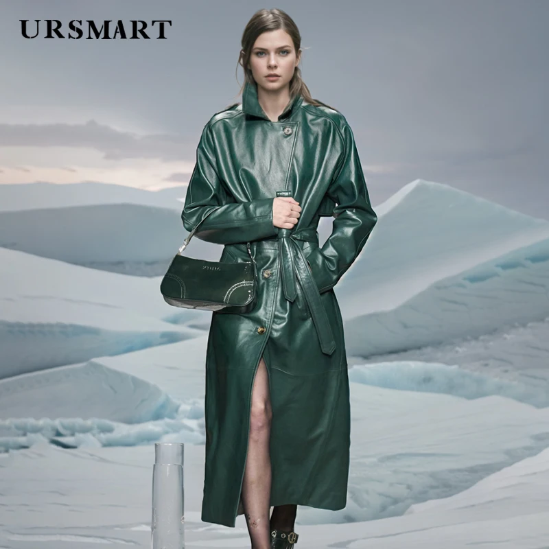 Genuine Leather Trench Coat Women 2025 New Fashion Style Green Turn-Down Collar Sheepskin Coat for Women