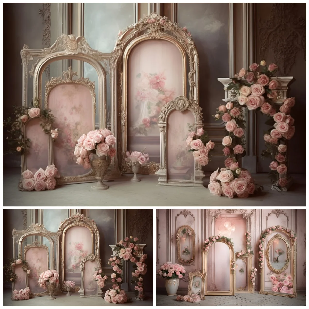Dreamy Pink Girl Boudoir Photography Backdrop  Golden Frame Retro Wall Background Flowers Decor Palace Kids Cake Smash Studio