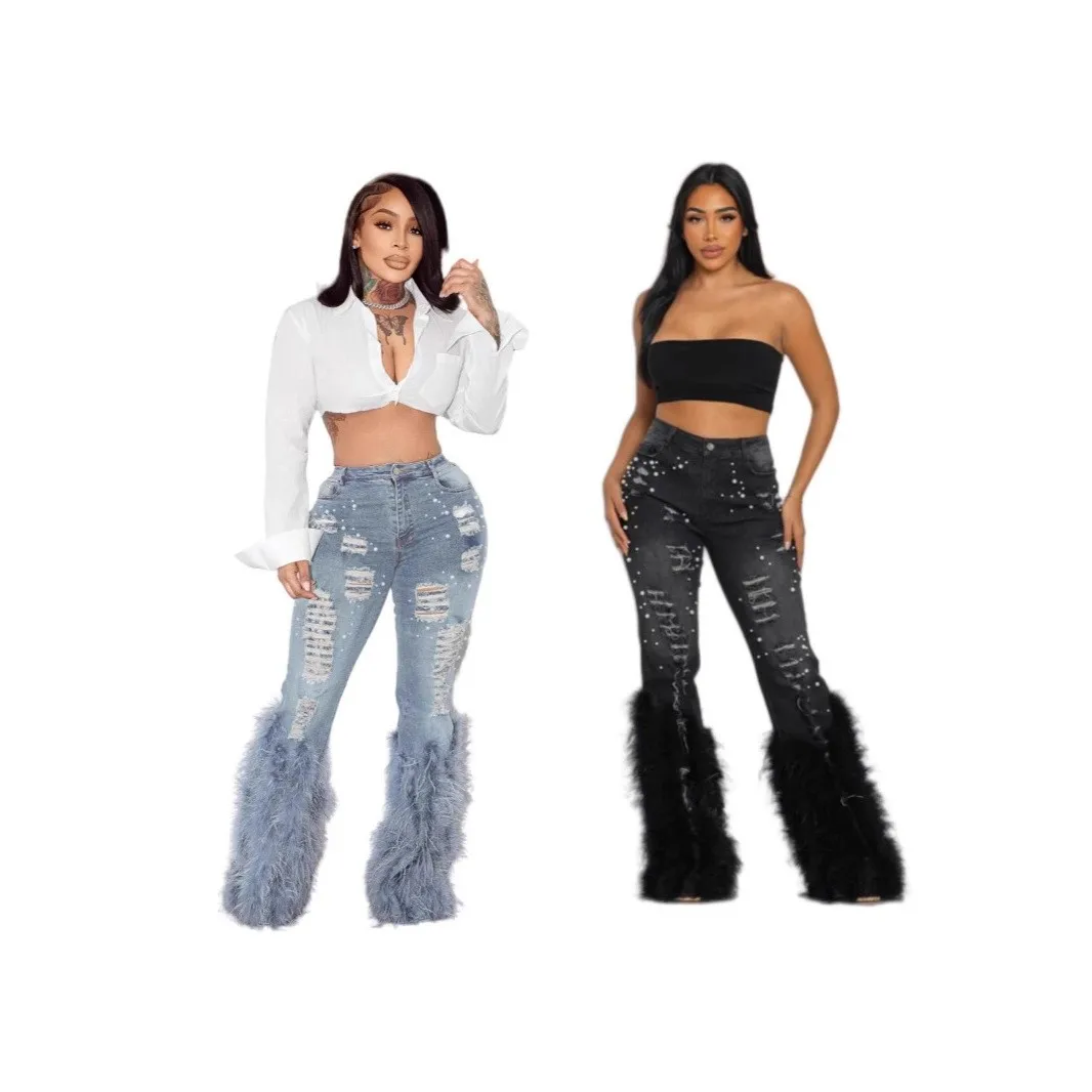 Long Fringe Beaded Mid Waist Jeans with Straight Leg Regular Thickness Full Length American and European Style Women Jeans