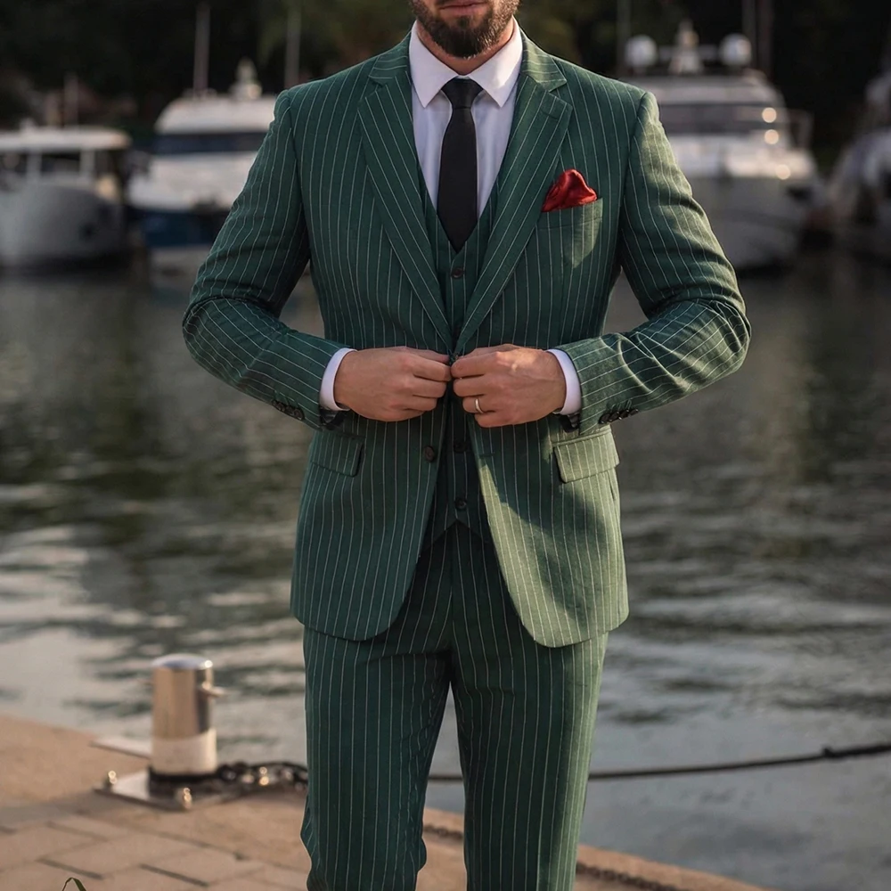 

IN STOCK 3 Pieces Men's Suits Slim Fit Single Breasted Stripe Men's Suits Classical Sets Groom Wedding（Blazer+Vest+Pants）