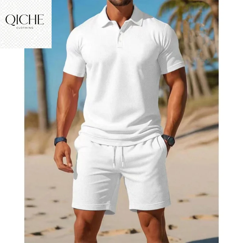 QICHE 2026 New Quick Dry Sports Set Men 3D Print Short Sleeve Polo Shirt Shorts Casual Outfit