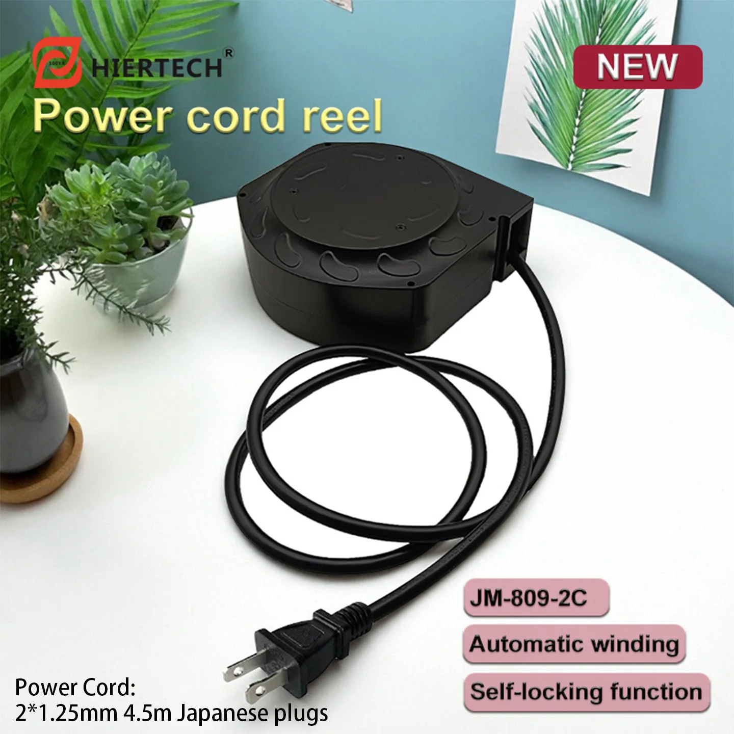 Hiertech Black 2-Core Retractable Power Cord Reel with Self-Locking Function, Automatic Locking When Pulled Out, Automatic Retraction
