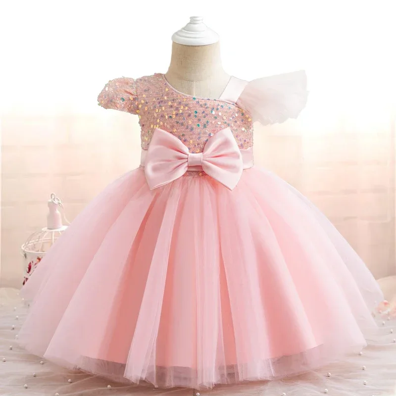 New Single Shoulder Bow Girl\'s Princess Dress Children\'s Christmas Performance Evening Dress Birthday Party Girl\'s Baby Dress