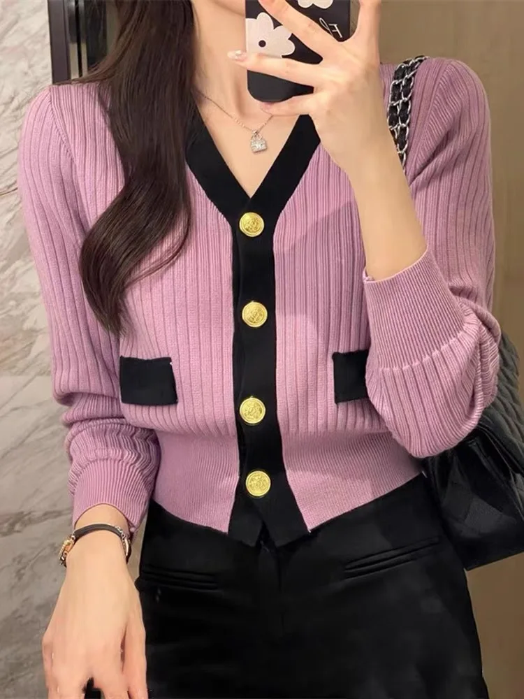 New Elegant Knitted Cardigan Women Autumn Winter Contrast Color V-neck Long Sleeve Sweater Korean Fashion Tops Female Knitwear