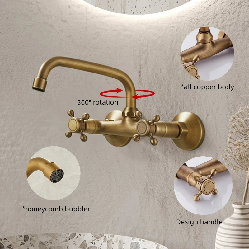 Bronze antique-style wall-mounted cold and hot water faucet with rotatable into-wall double-hole faucet