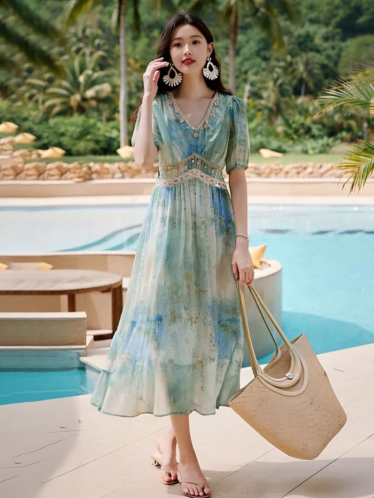2025 صيف جديد Sle V-Ne Beach Vaion adient Color Blo Chiffon Dr المرأة البسيطة Ele Flounce هيم تجمع الخصر