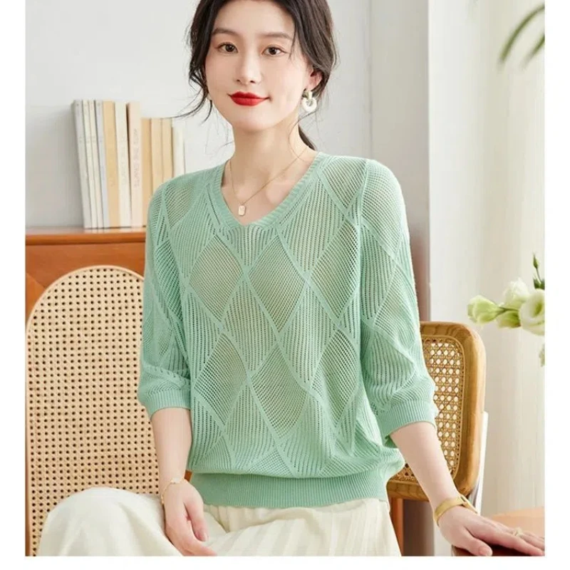 

Knitted T-shirt Three-quarter Sleeve Top Hollow Women's Clothing Loose Foreign Style Fashionable and Beautiful T-shirt