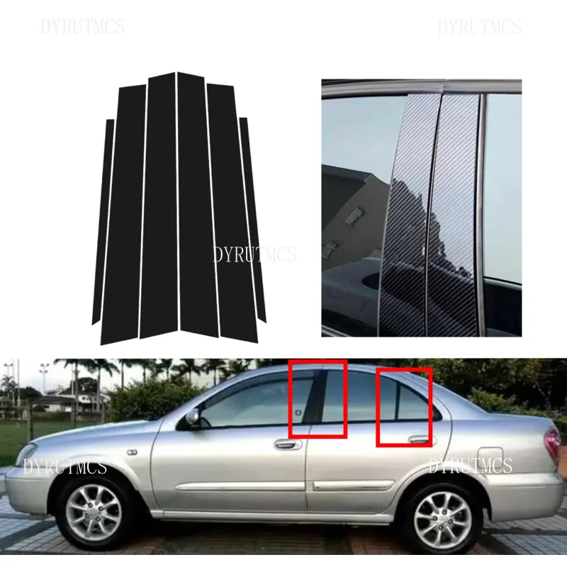 6pcs Glossy Black  Pillar Post  Carbon Fiber  Fit For Nissan Sentra B15 2000 2001 2002-2006  Window Door Deal B CCover Sticker