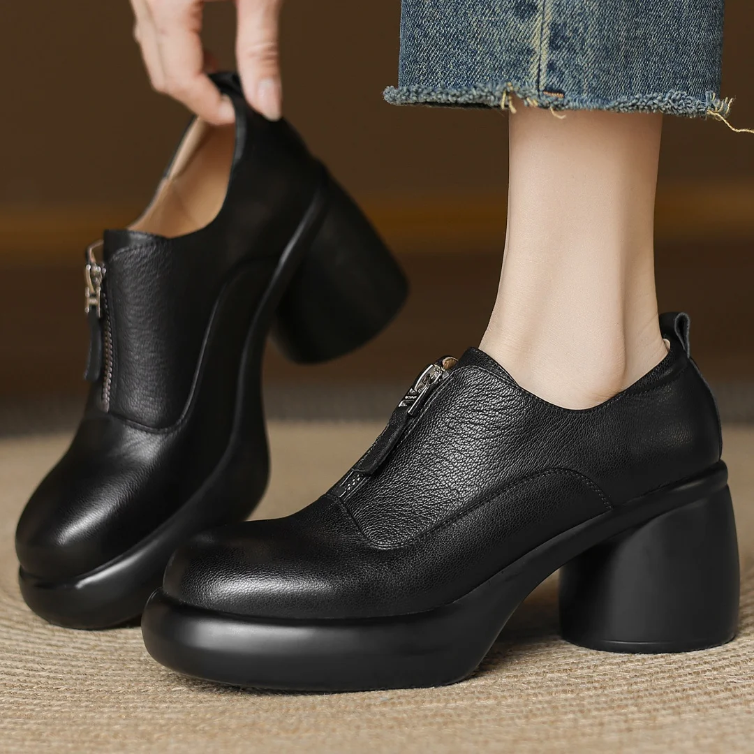 

2025New women's sheepskin front zip round toe pumps 7cm round punky heel 3cm platform casual female daily heeled shoes for woman