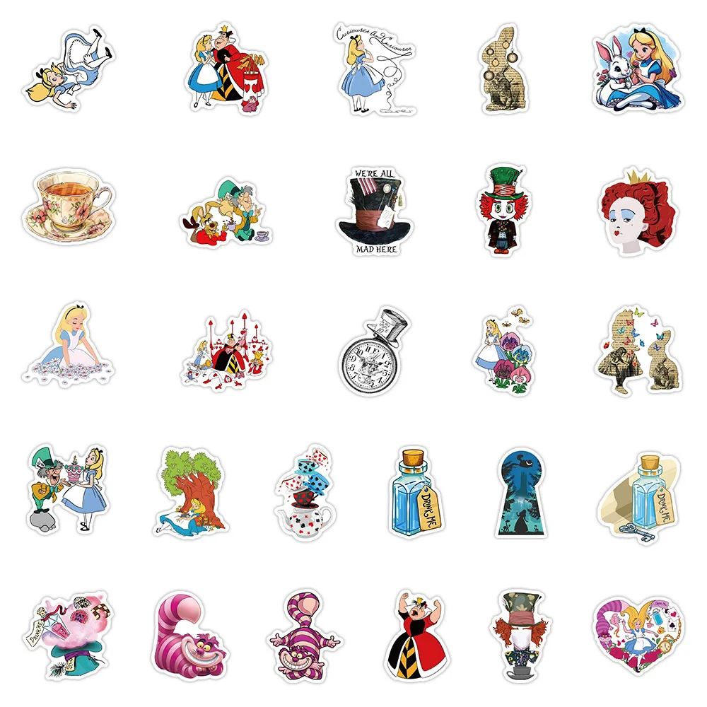 54 قطعة أليس في بلاد العجائب الكرتون الكتابة على الجدران ملصقات الهاتف الغيتار المحمول دفتر حقيبة كوب ملصق مضاد للمياه الشارات لعبة أطفال