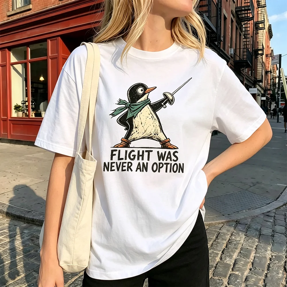 Flight Was Never An Option Fencing Penguin Graphic T-shirt Unisex Funny Animal Print Short Sleeve Tee Casual Streetwear Tops