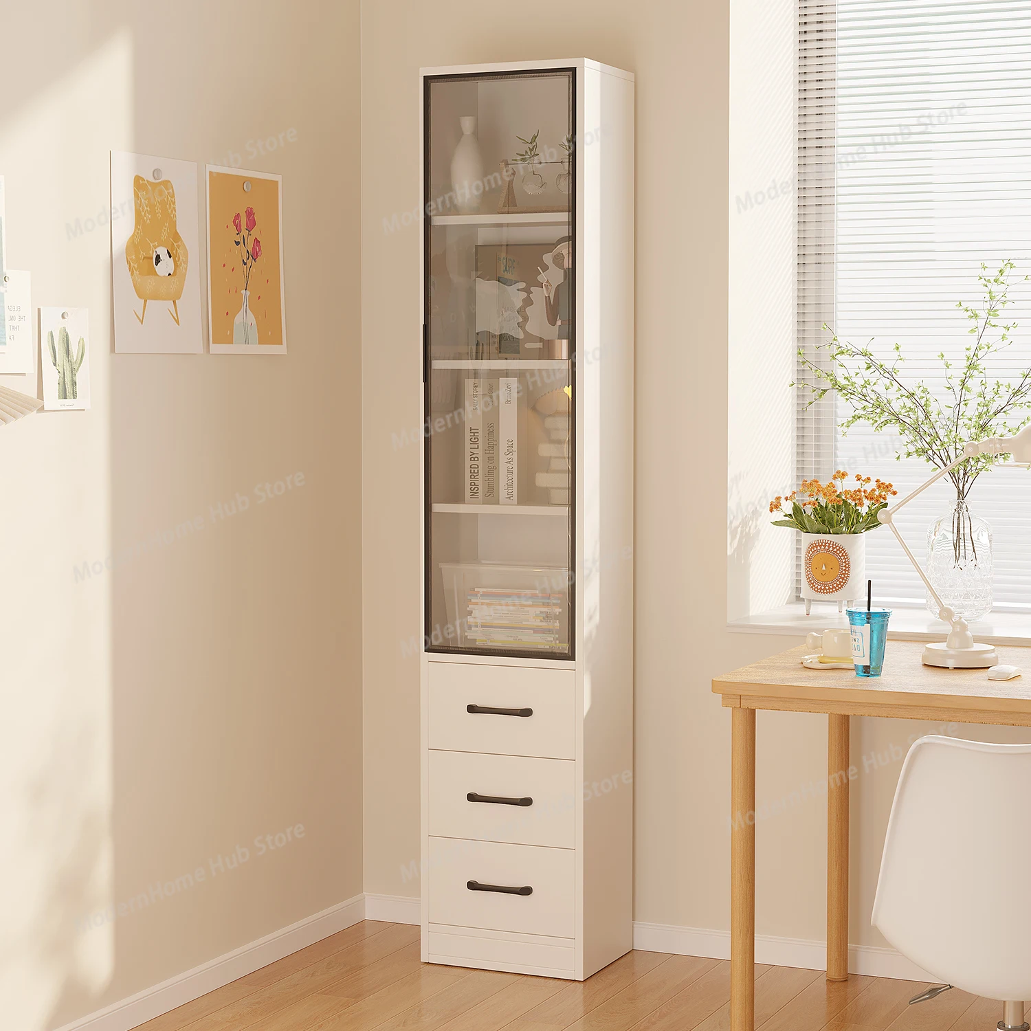 Solid wood bookshelf Floor shelf Glass door Household children's bookcase Living room simple cabinet Crack storage locker