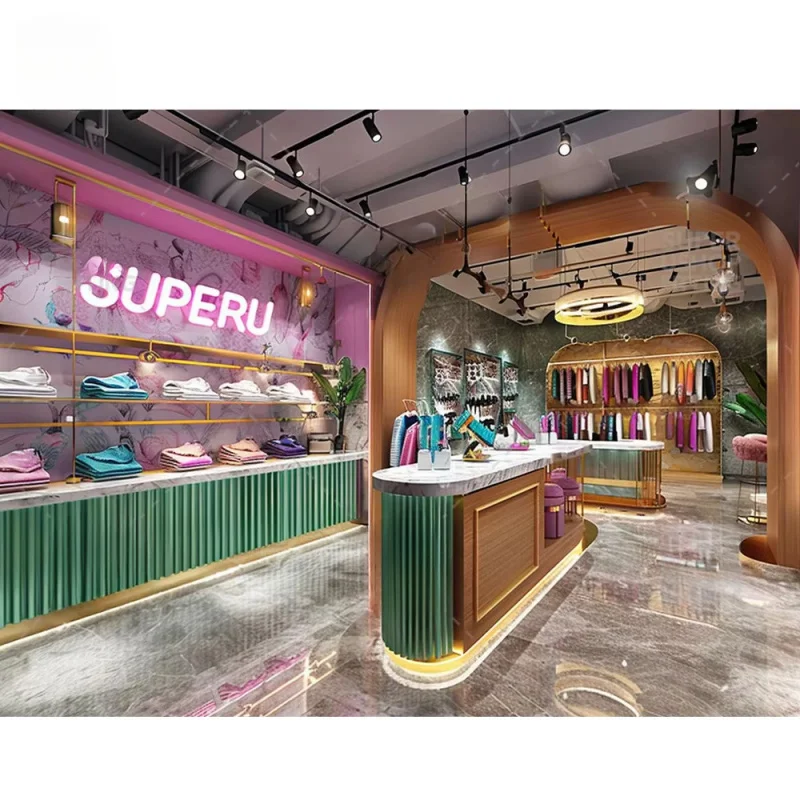 

custom.Retail Cloth Shop Display Rack Custom Wooden Clothing Counter Design Chic Clothes Store Furniture