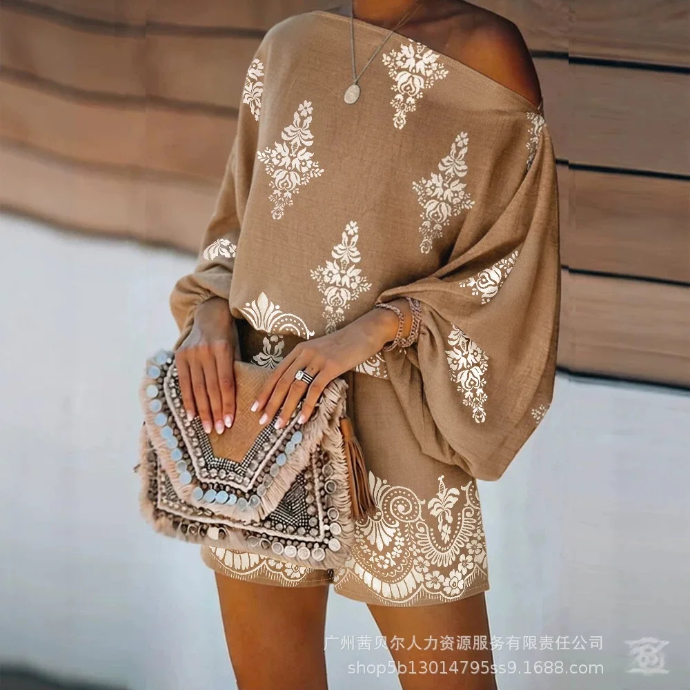 Two Piece Sets Women Pant Set Off Shoulder Lantern Sleeve Shirt Short Pants Vintage Print Y2k Streetwear Work Vacation Beach