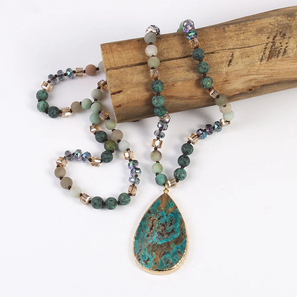 Fashion Ethnic Style Natural African Turquoise Stone Crystal Glass Necklace Faced Drop Pendant Women Necklace Sweater Chain