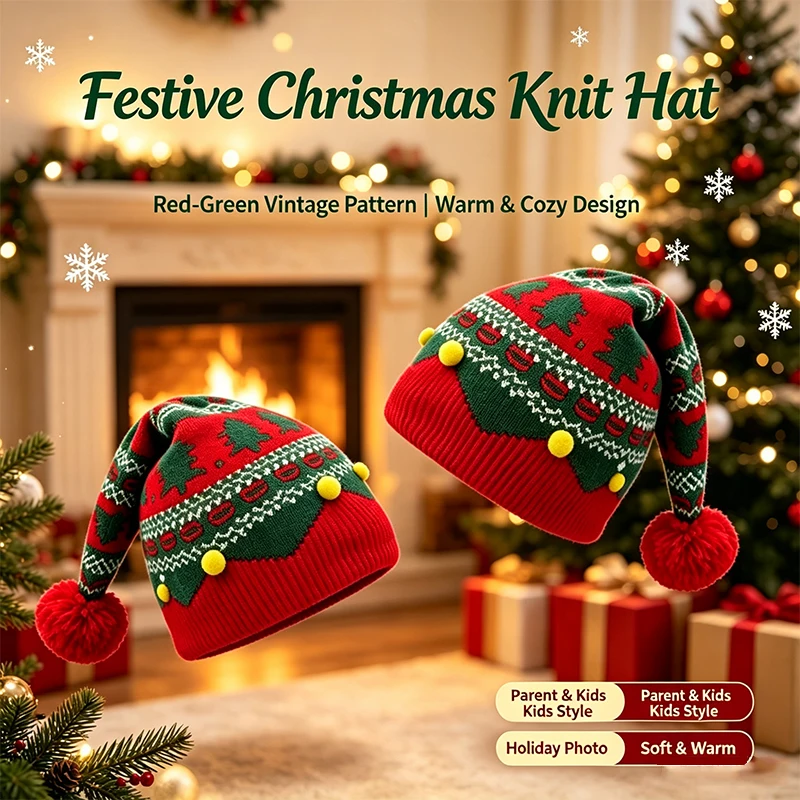 Christmas Knit Hat Parent-Kids Matching Vintage Xmas Tree Jacquard Beanie with Pom Pom Warm Party Costume Cap for Women Men