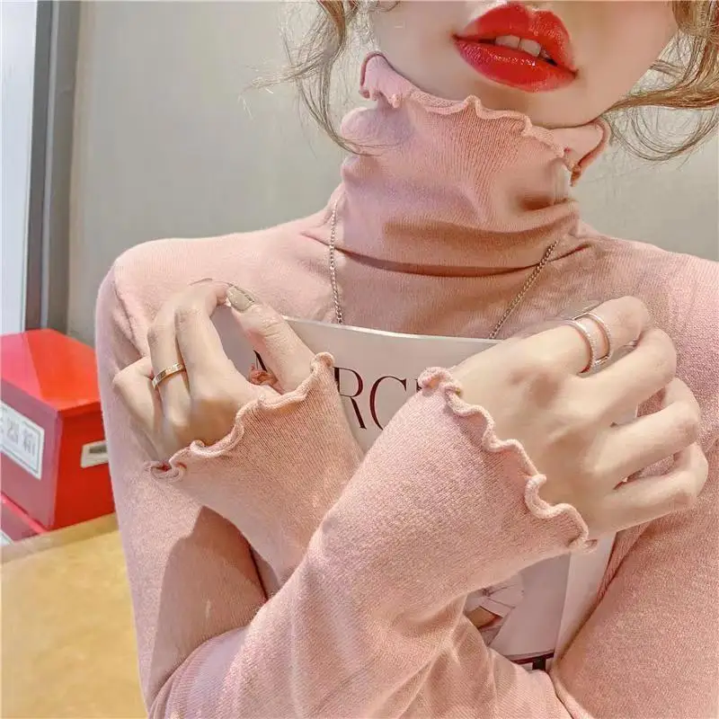 Suéteres de cuello de pila para mujer, Jersey elegante y versátil de punto con borde de hongo de estilo occidental, Top de manga larga ajustado a la