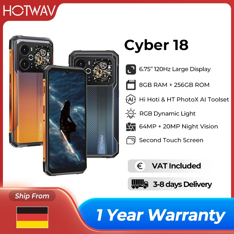 HOTWAV Cyber 18 Robustes Smartphone Android 16 6,75'' 120Hz Display Octa-Core 6200mAh 20W Mobiltelefon mit selbstentwickeltem KI-Toolkit RGB Dynamisches Licht 64MP Rückkamera 20MP Nachtsicht 8GB 256GB