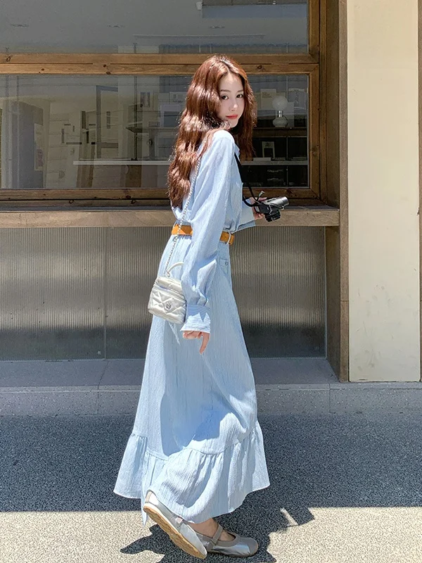 

Новая женская длинная полосатая рубашка-платье с длинным рукавом и поясом на талии, коллекция ранняя осень 2025, для офиса и повседневной носки