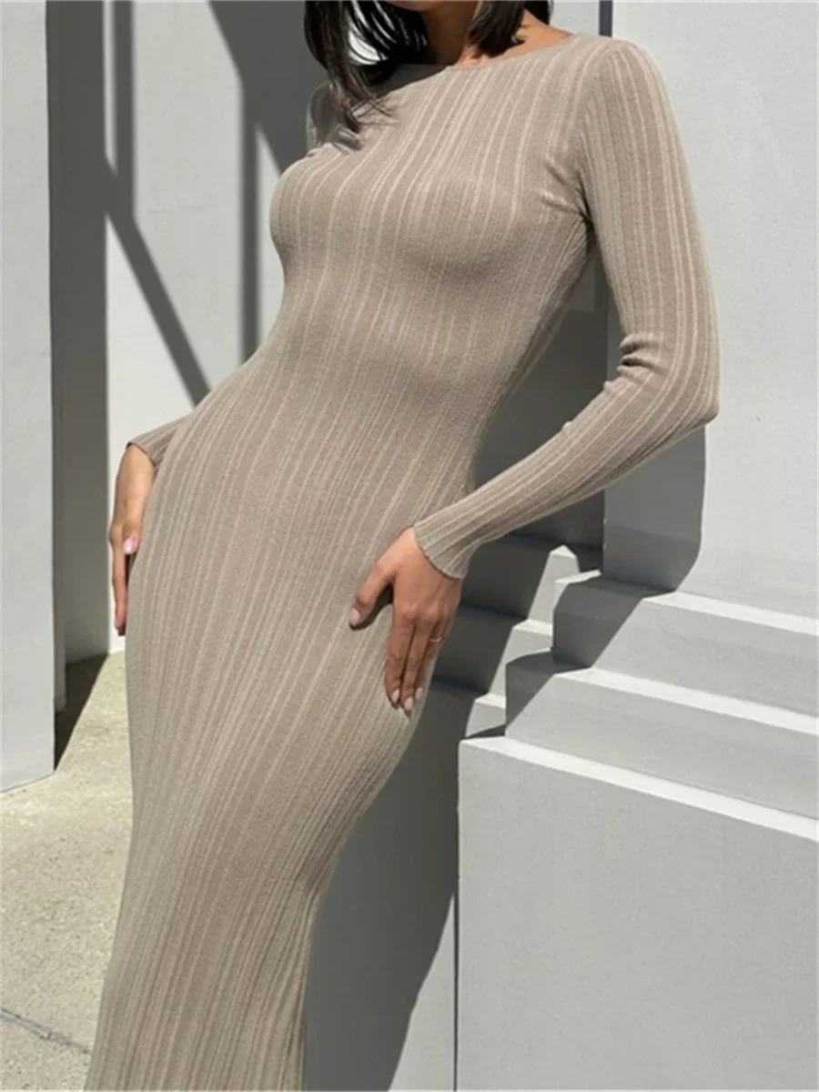 Women Knit Ribbed Bodycon Long Dress Fall Casual Solid Color Long Sleeve O Neck Wrapped Pencil Dress Street Party