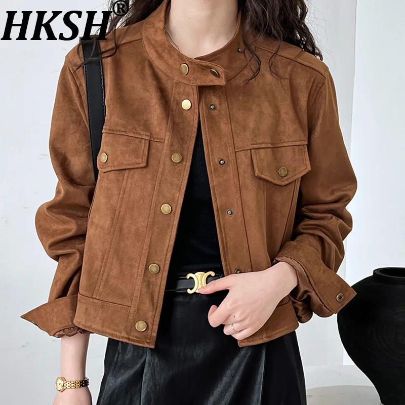 

HKSH Autumn New Women Short Jacket Stand Collar Single Breasted Safari Style Temperament High Street Versatile Chic Coat HK12020