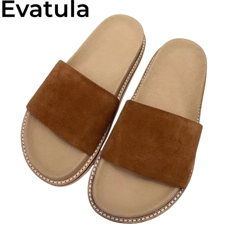 

2024 Summer Open Toe Suede Leather Flat Slippers For Lovers Cross Band Comfort Lazy Mules Women Causal Beach Slides Shoes Men