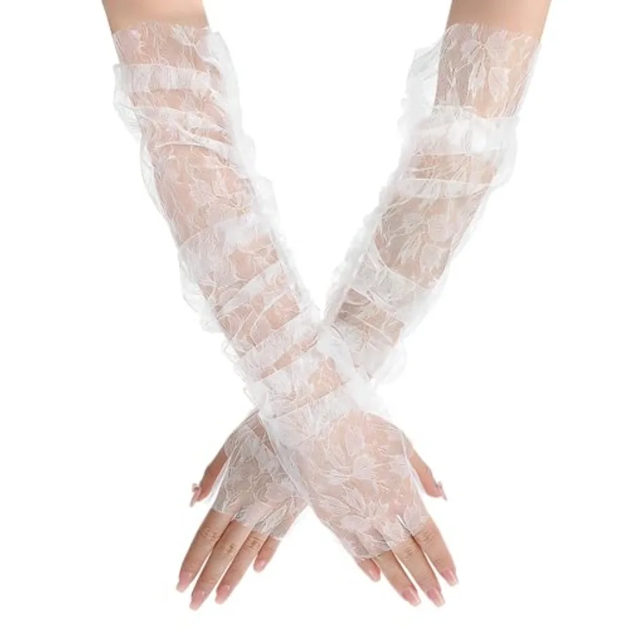 White Lace Bridal Gloves, White Wedding Sleeves Elbow Length Fingerless Lace Gloves for Bridal Arm Sleeves Accessories for Wedd