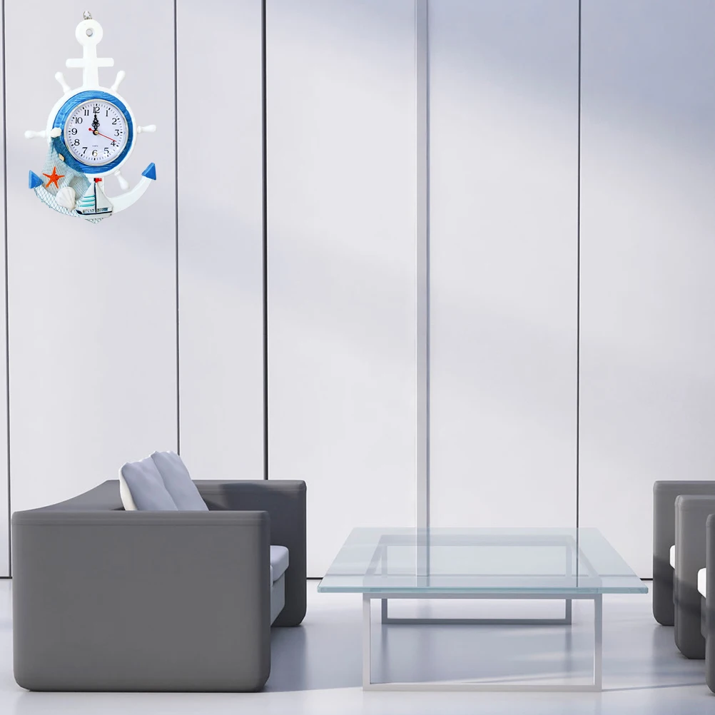 

Large Wall Clock Mediterranean Style Ships Bell Anchor Decorative Wood Silent Design Coastal Home Decoration for Bedroom