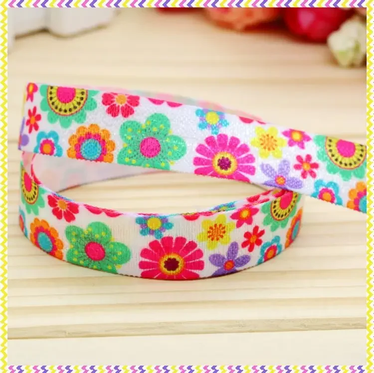 DHK 5/8'' 5yards Fold Over Elastic FOE flowers printed headband headwear hair band diy decoration OEM Wholesale C326