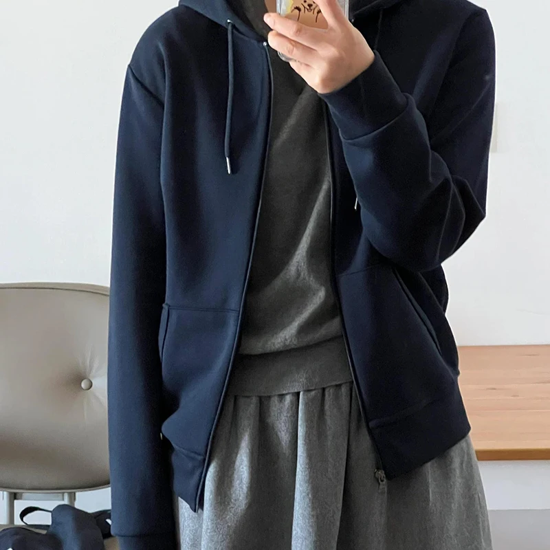 Outono novo masculino e feminino simples zíper moletom de manga comprida bolso com capuz diário versátil cor sólida moletom de algodão