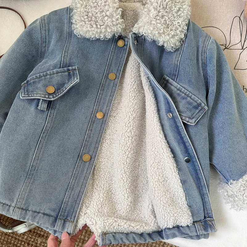 Winter Girls Thick Demin Coats Baby Plus Velvet Warm Outerwear With Belt Kids Princess Designed Long Jackets Children Clothes view 4
