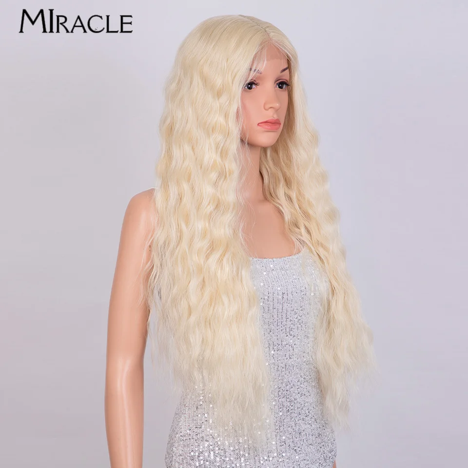 MIRACLE-peluca rizada rubia para mujer, pelucas delanteras de encaje sintético, onda de agua de 30 pulgadas, peluca de Cosplay, pelo falso de fibra