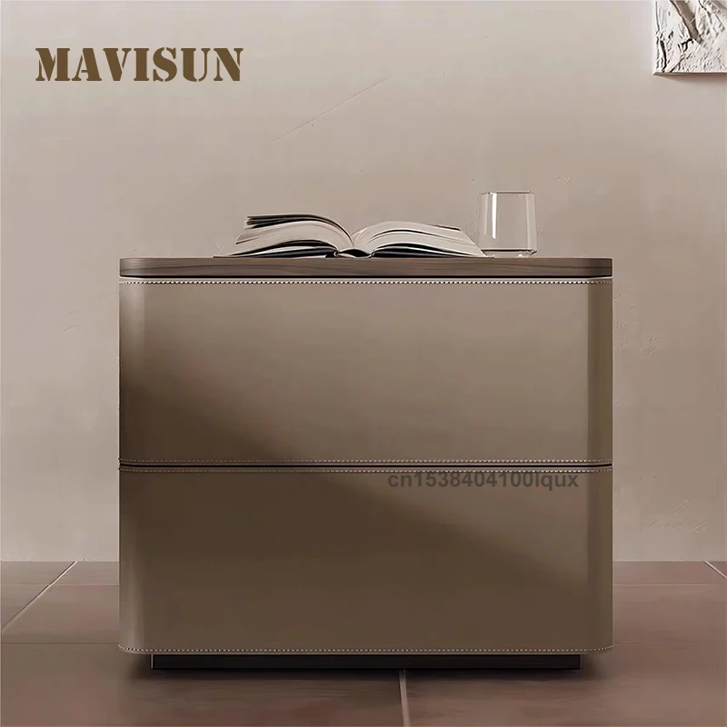 

Italian Minimalist Bedroom Table With Drawer Light Luxury Saddle Leather Rectangular Household High-Quality Wooden Bedside table