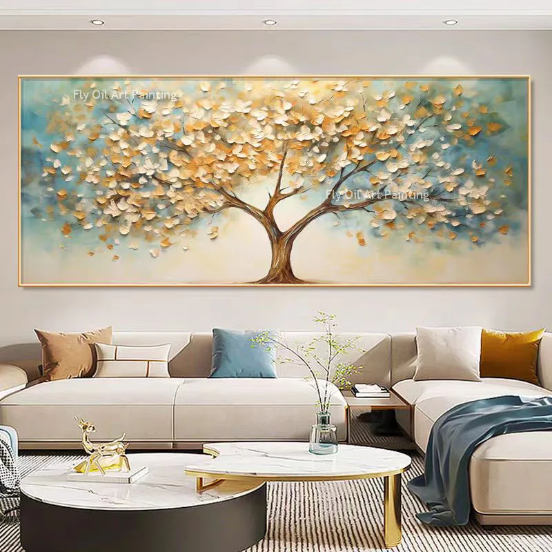 Hand Painted Oil Paintings Canvas Abstract Golden Tree Palette Knife Flower Decor Wall Home Interior Decorations Arte Painting