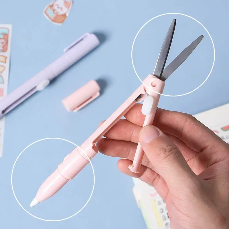 Telescópica Dobrável Tesoura com Caneta Faca, 2 em 1 Cortador de Papel, Faca Utilitária, Artesanato DIY Arte, Ferramentas de corte, Papelaria Kawaii, Escritório