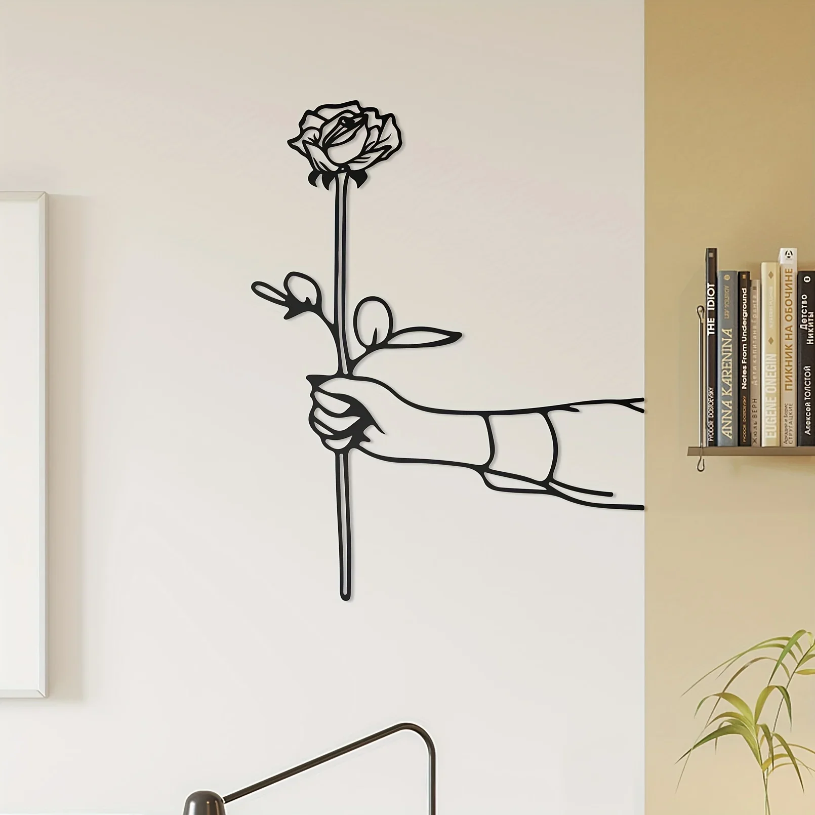 Metal Handheld Rose Black Home Decor, Minimalist Line Drawing Wall Pendant, Creative Quirky Art Wall Sculpture, Kitchen Bathroom