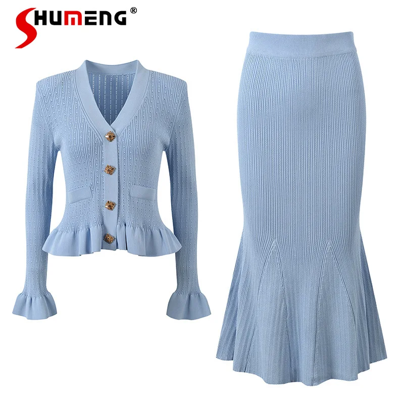 Feminine Socialite Light Luxury V-neck Single Row Multi-Buckle Knitted Tops Hem Sheath Fishtail Skirt Slim Fit Chic Skirts Sets