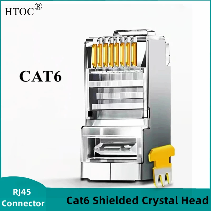 HTOC Shielded Cat6 RJ45 Connector 50 Micron 50u 3 Prong FTP STP Ethernet Cable Crimp Modular Plug 8P8C Crystal Head