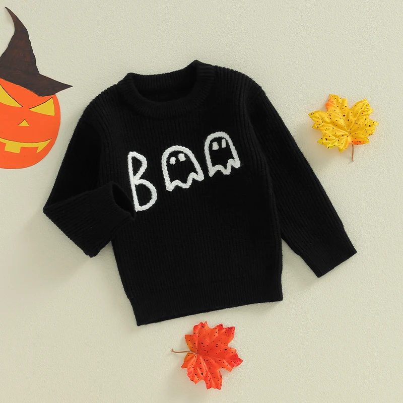 Cute Pumpkin Patch Knit Sweater Adorable Long Sleeve Crew Neck Halloween Ghost Pullover for Baby Boys and Girls Warm Winter