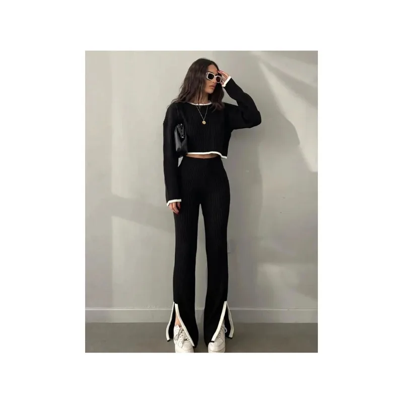 Women\'s Knitted Flare Pants Set, Casual Pullovers Suits, Long Sleeve, Elegant Sexy Tops, Elastic Sweaterpants, Autumn, Winter