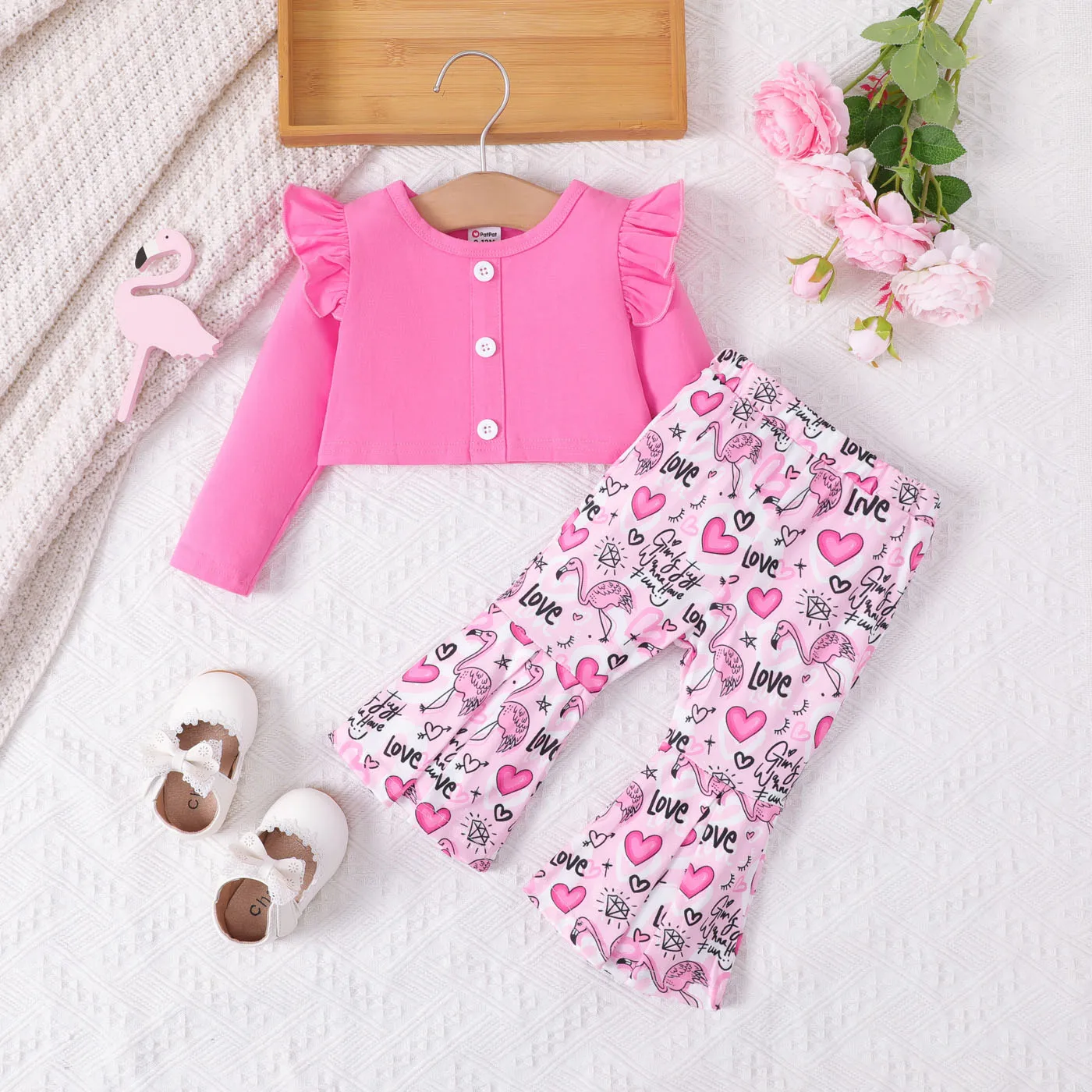 PatPat 2pcs Baby Girl 95% Cotton Ruffle Trim Long-sleeve Top and Flamingo Pattern Flared Pants Set